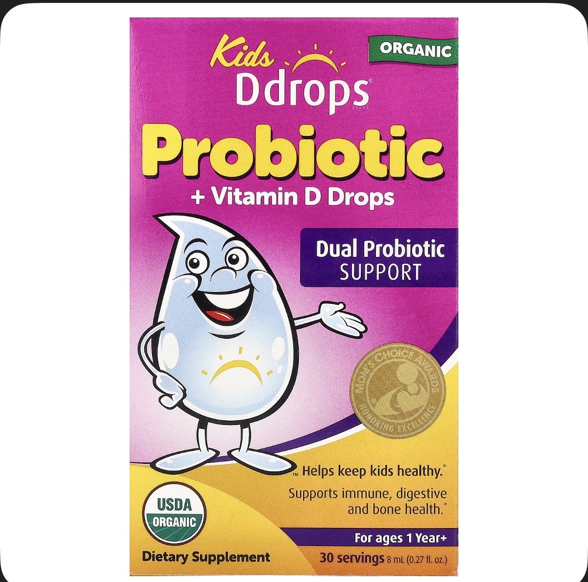 IMG_2541 Kids Ddrops, Organic Probiotics + Vitamin D Drops, for Ages 1years+, 0.27 fl oz (8ml) - Image 1